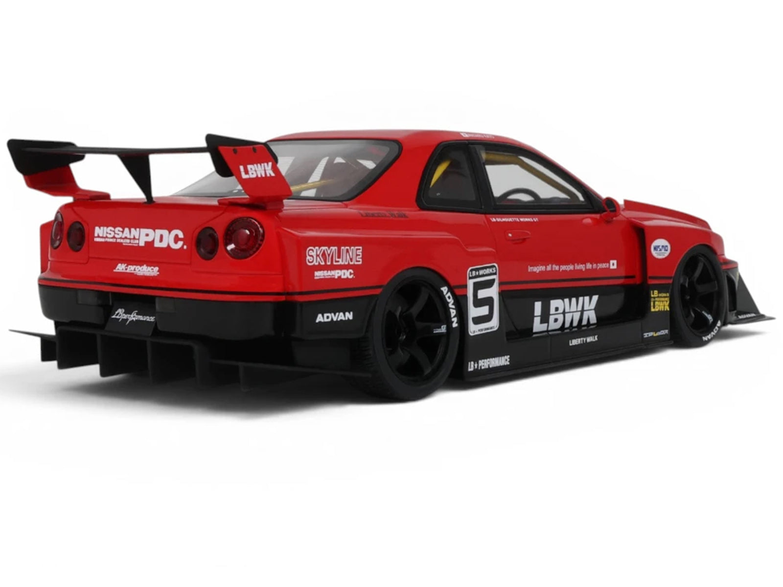 2020 Nissan Skyline GT-R (R34) LB-Super Silhouette RHD (Right Hand Drive) #5 Red and Black 1/18 Model Car by GT Spirit