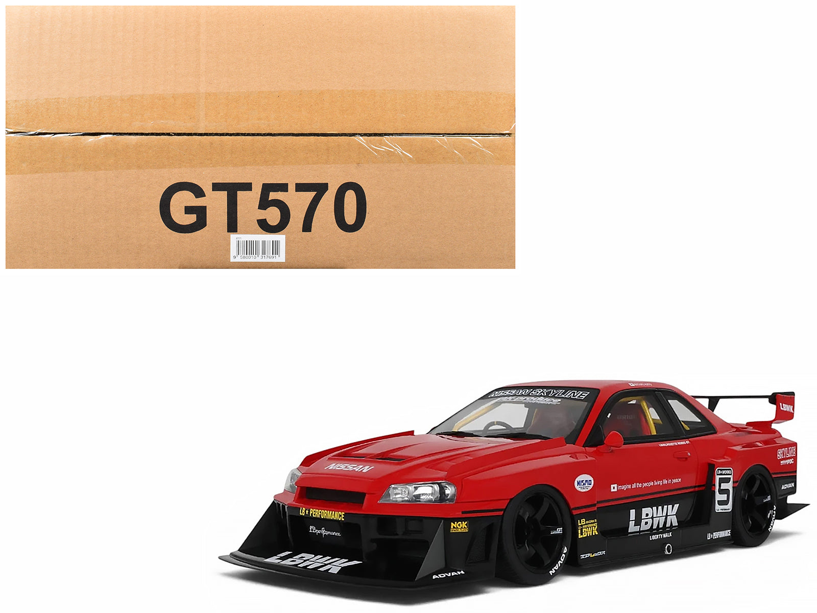 2020 Nissan Skyline GT-R (R34) LB-Super Silhouette RHD (Right Hand Drive) #5 Red and Black 1/18 Model Car by GT Spirit