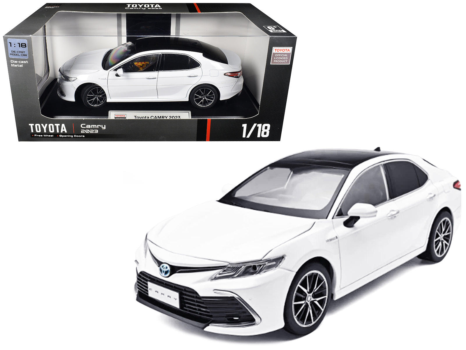 2023 Toyota Camry Hybrid White Metallic with Black Top 1/18 Diecast Model Car by Heimanba