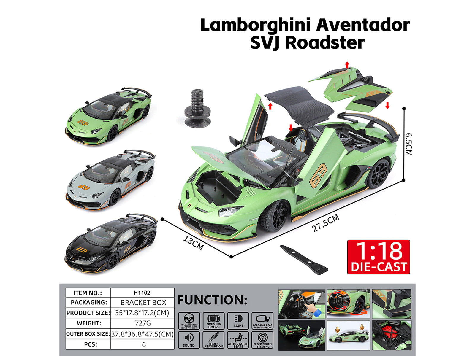 Lamborghini Aventador SVJ Roadster Matt Gray with Carbon Top and Orange Accents 1/18 Diecast Model Car by Heimanba
