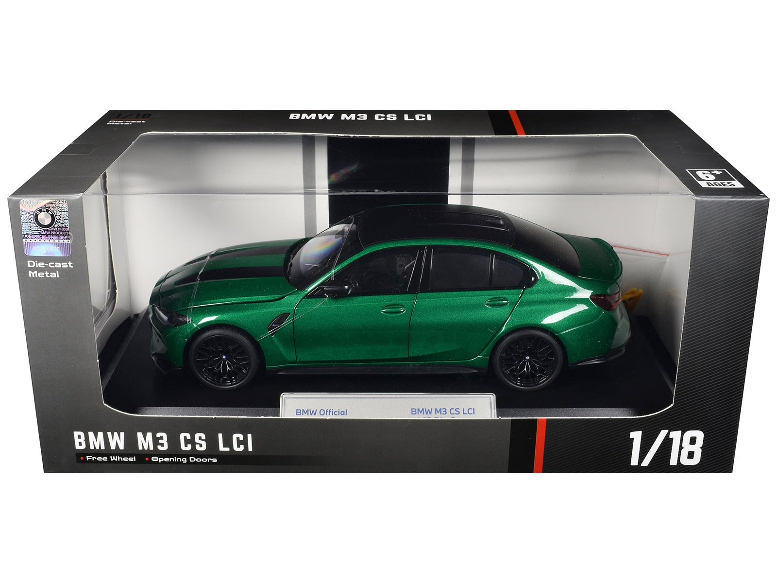 BMW M3 CS LCI Green Metallic with Matt Black Top and Hood Stripes 1/18 Diecast Model Car by Heimanba - image 3