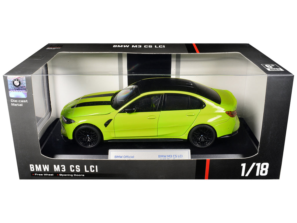 BMW M3 CS LCI Lime Green Metallic with Matt Black Top and Hood Stripes 1/18 Diecast Model Car by Heimanba - image 3