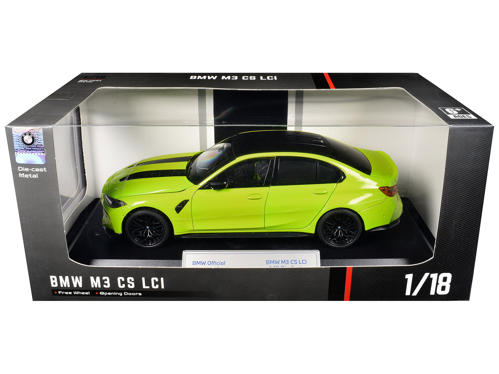 BMW M3 CS LCI Lime Green Metallic with Matt Black Top and Hood Stripes 1/18 Diecast Model Car by Heimanba - image 3
