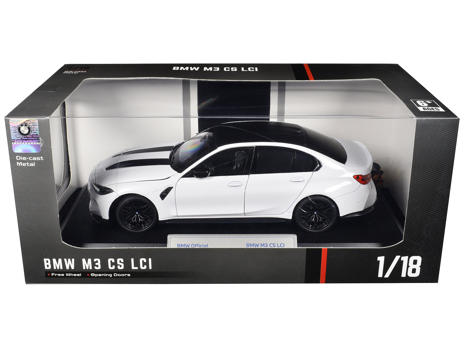 BMW M3 CS LCI White Metallic with Matt Black Top and Hood Stripes 1/18 Diecast Model Car by Heimanba - image 3