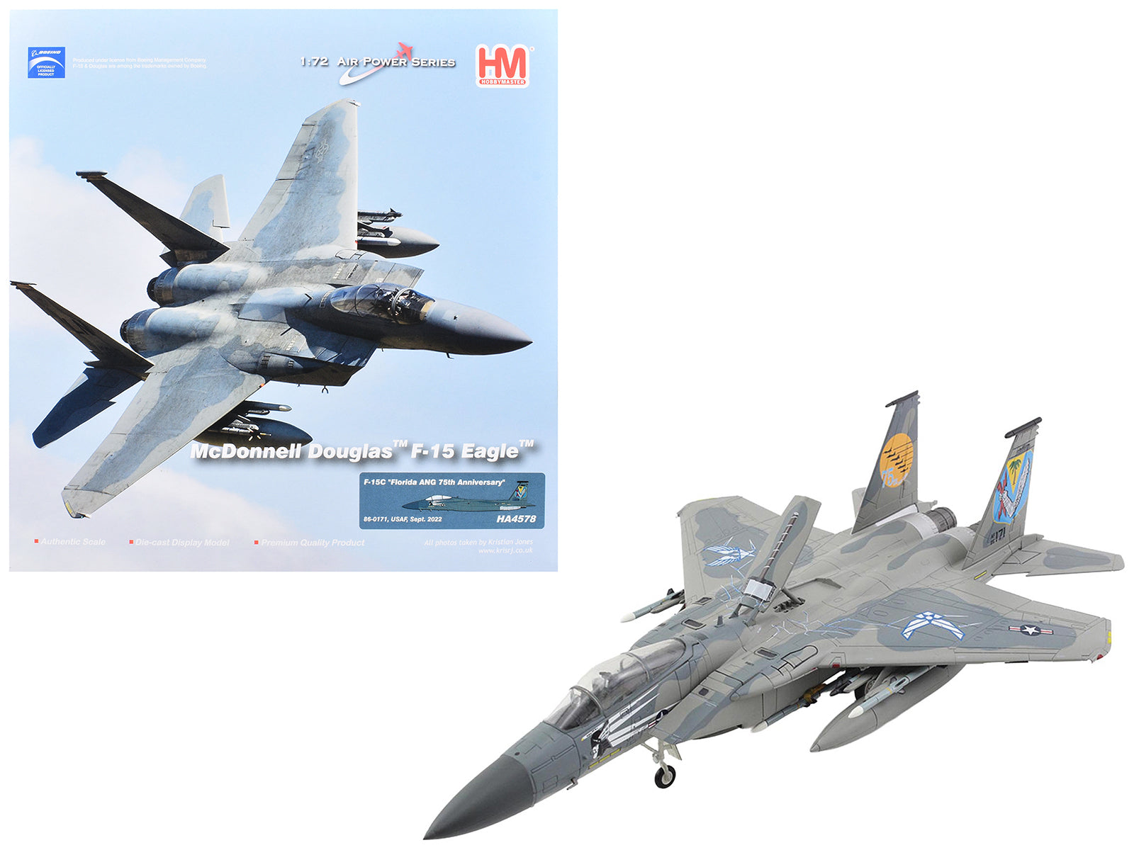 McDonnell Douglas F-15C Eagle Fighter Aircraft "86-0171 Florida ANG 75th Anniversary" (2022) United States Air Force "Air Power Series" 1/72 Diecast Model by Hobby Master