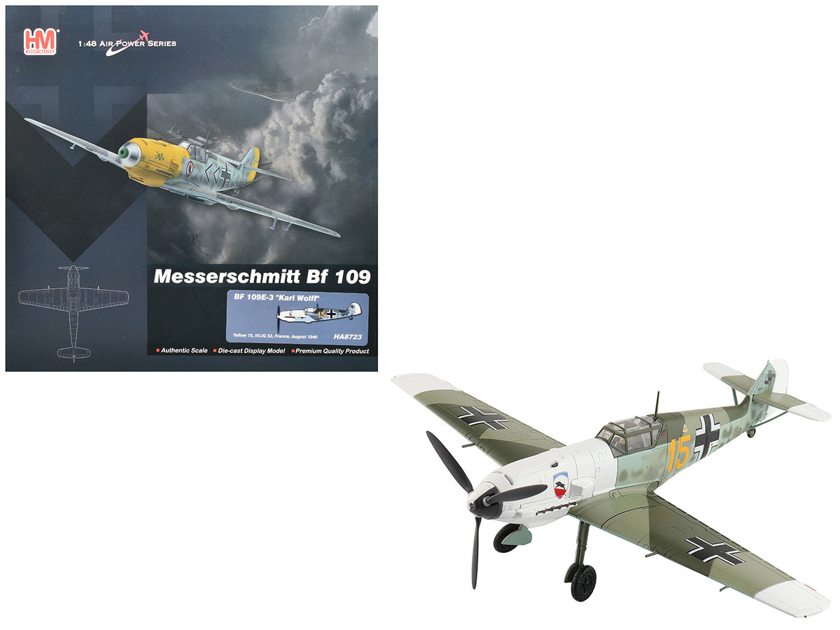 Messerschmitt Bf 109E-3 Fighter Aircraft "Yellow 15 Karl Wolff III/JG 52 France" (1940) German Luftwaffe "Air Power Series" 1/48 Diecast Model by Hobby Master