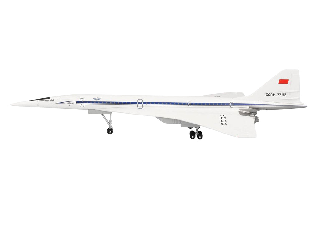 Tupolev Tu-144D Commercial Aircraft "Aeroflt - Technik Museum Sinsheim" (CCCP-77112) White with Blue Stripes 1/400 Diecast Model Airplane by Herpa - image 2