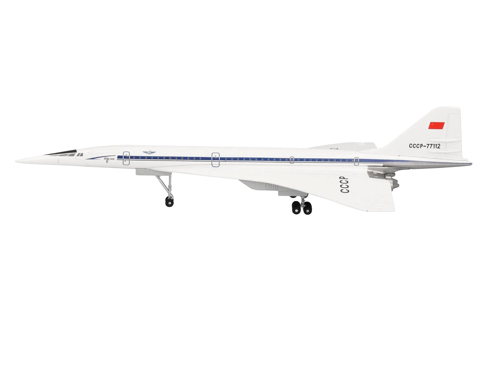 Tupolev Tu-144D Commercial Aircraft "Aeroflt - Technik Museum Sinsheim" (CCCP-77112) White with Blue Stripes 1/400 Diecast Model Airplane by Herpa - image 2