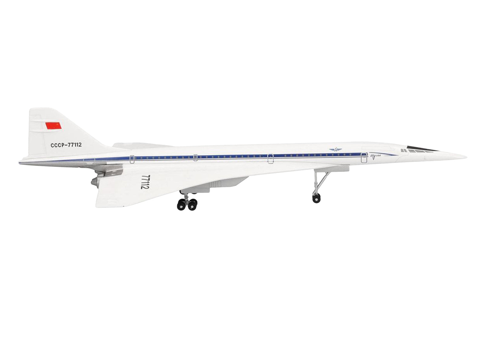 Tupolev Tu-144D Commercial Aircraft "Aeroflt - Technik Museum Sinsheim" (CCCP-77112) White with Blue Stripes 1/400 Diecast Model Airplane by Herpa - image 3
