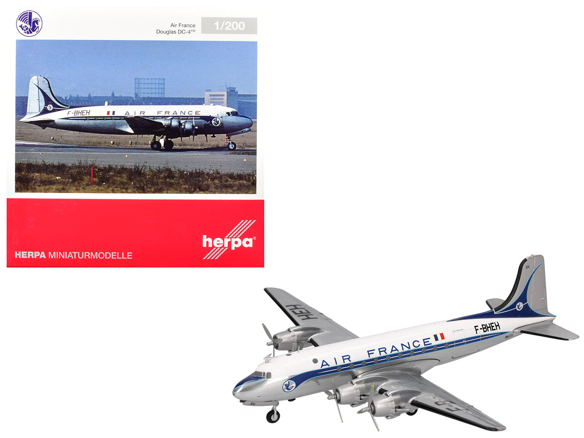 Douglas DC-4 Commercial Aircraft "Air France" (F-BHEH) White with Blue Stripes 1/200 Diecast Model by Herpa