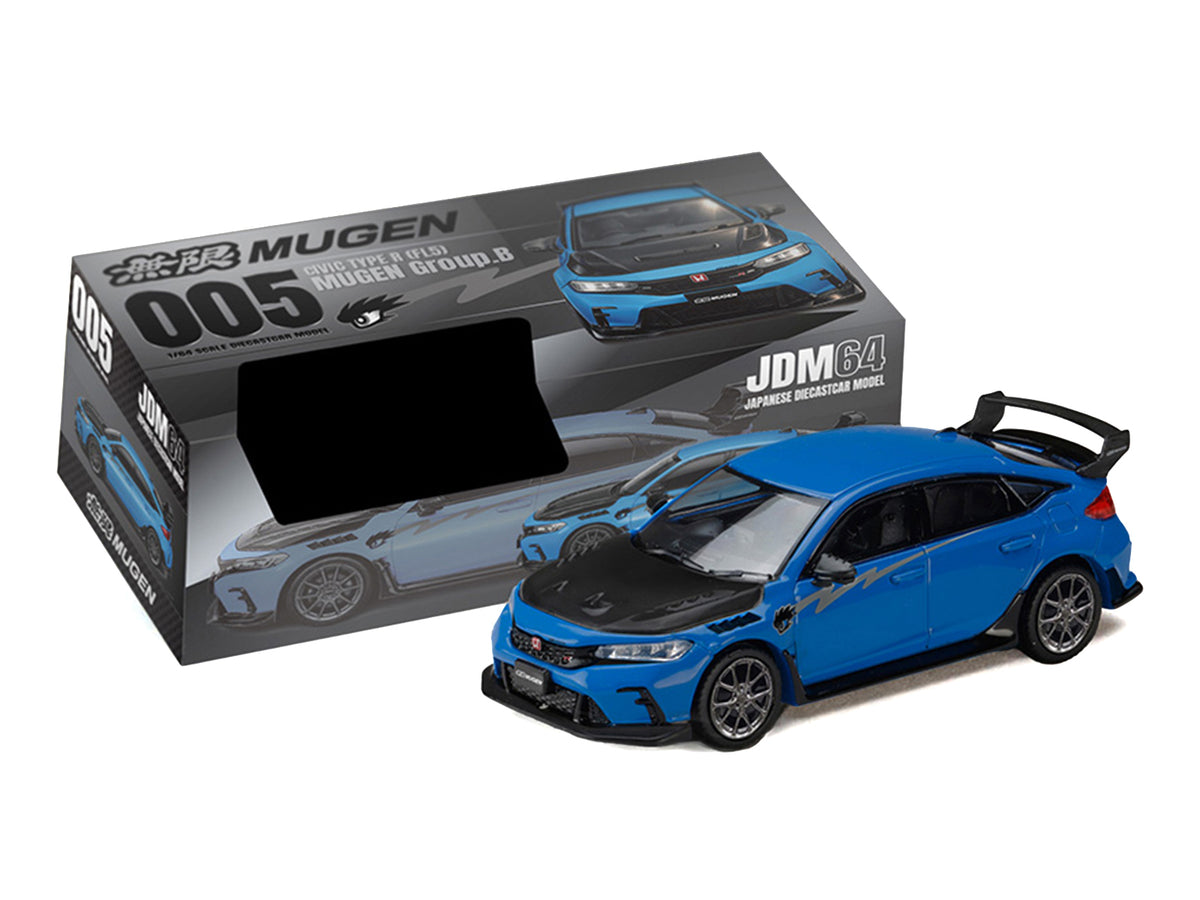 Honda Civic Type R (FL5) RHD (Right Hand Drive) Racing Blue Pearl with Carbon Hood "MUGEN Group B" (2025) "JDM64" Series 1/64 Diecast Model Car by Hobby Japan - image 3