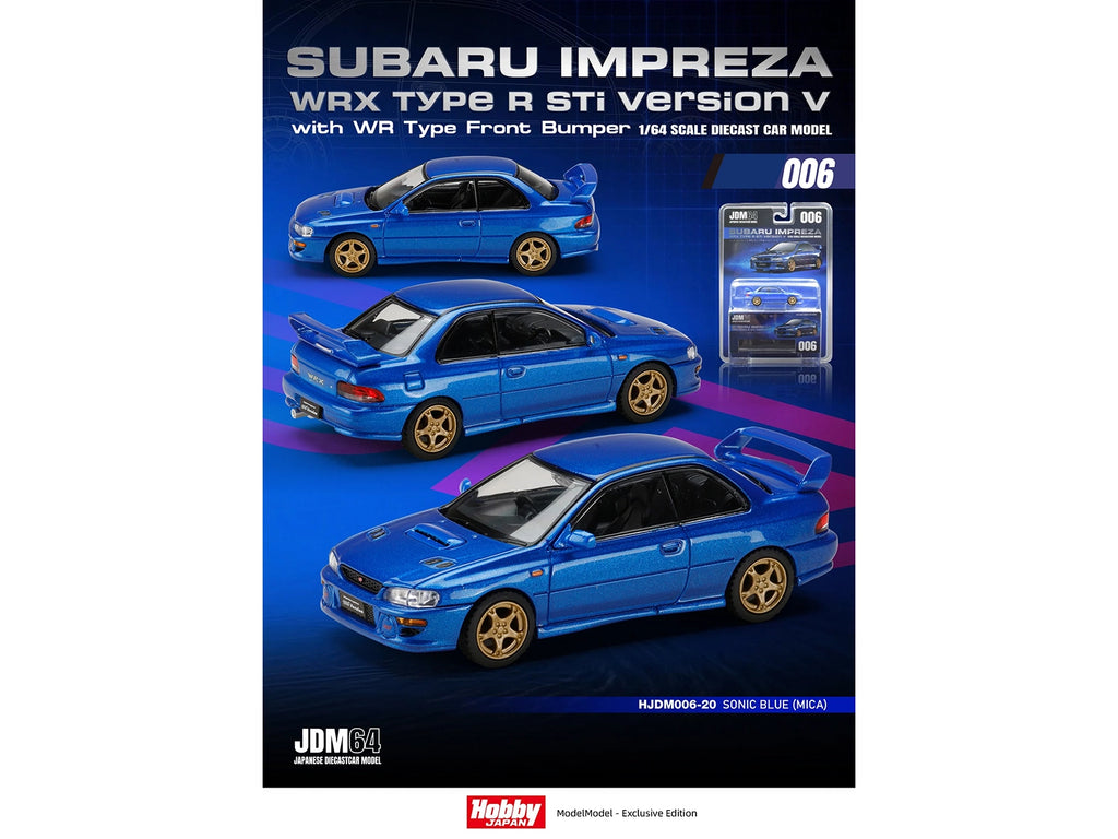 Subaru Impreza WRX Type R Sti Version V RHD (Right Hand Drive) Sonic Blue Mica "JDM64" Series 1/64 Diecast Model Car by Hobby Japan