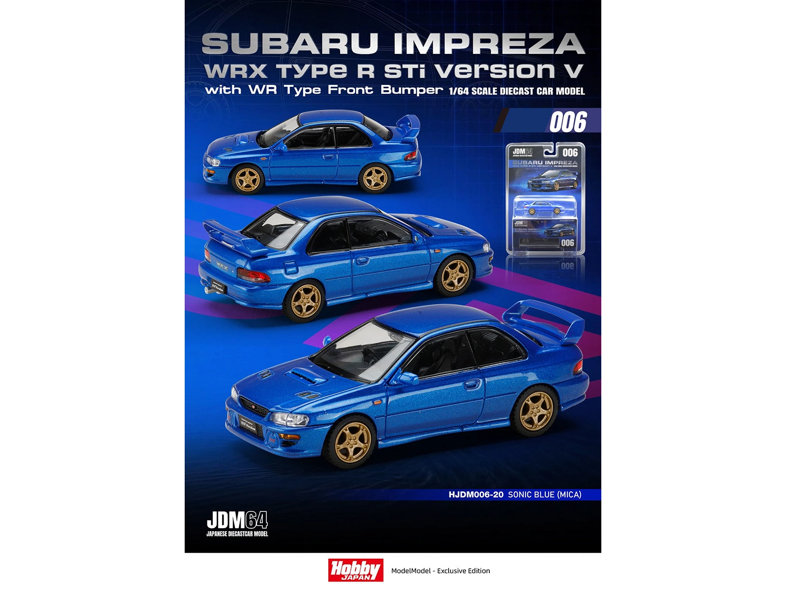 Subaru Impreza WRX Type R Sti Version V RHD (Right Hand Drive) Sonic Blue Mica "JDM64" Series 1/64 Diecast Model Car by Hobby Japan