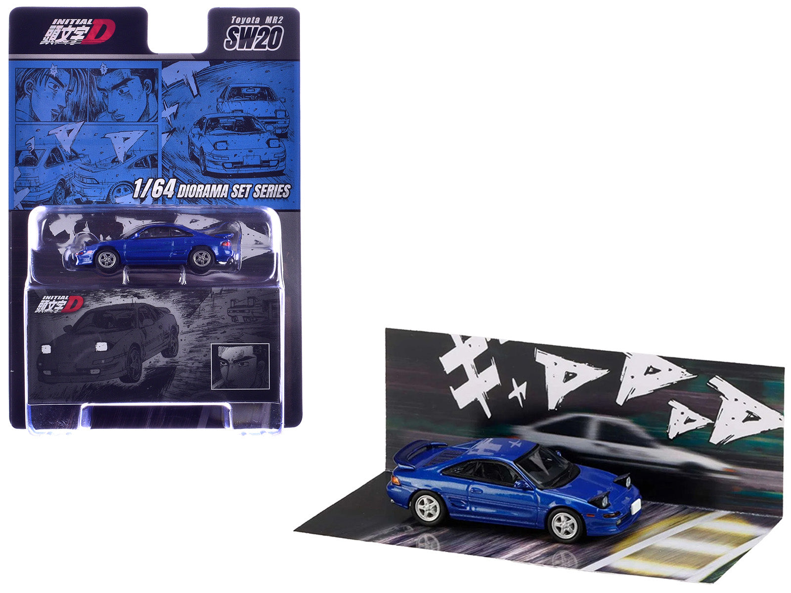 Toyota MR2 (SW20) RHD (Right Hand Drive) Blue Metallic "Kai Kogashiwa VS Takumi Fujiwara - Initial D" (1995-2013) Manga "Diorama Set Series" 1/64 Diecast Model Car by Hobby Japan