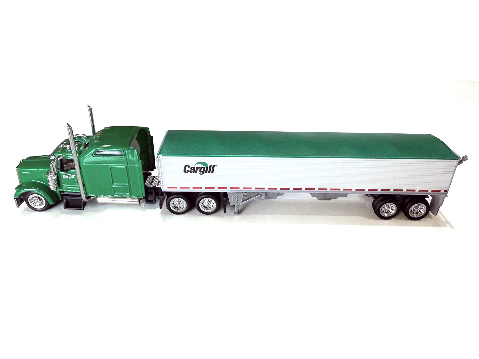 Kenworth W900L Truck Tractor with Sleeper Cab "Cargill" Green and Covered Grain Trailer White with Green Tarp Combo Set 1/87 (HO) Plastic Model Car by HO Logistics
