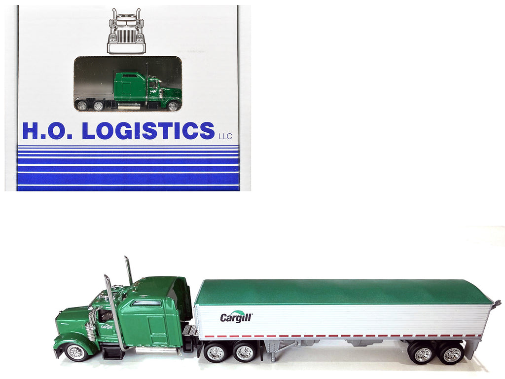 Kenworth W900L Truck Tractor with Sleeper Cab "Cargill" Green and Covered Grain Trailer White with Green Tarp Combo Set 1/87 (HO) Plastic Model Car by HO Logistics