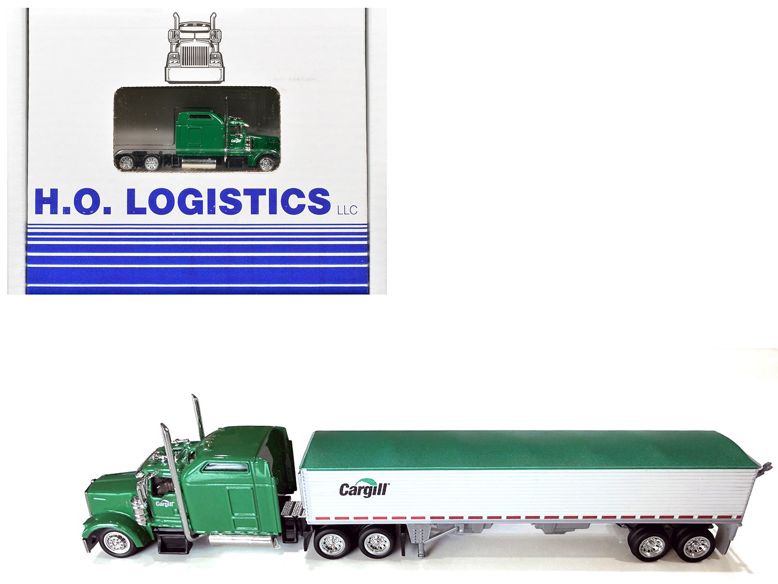 Kenworth W900L Truck Tractor with Sleeper Cab "Cargill" Green and Covered Grain Trailer White with Green Tarp Combo Set 1/87 (HO) Plastic Model Car by HO Logistics