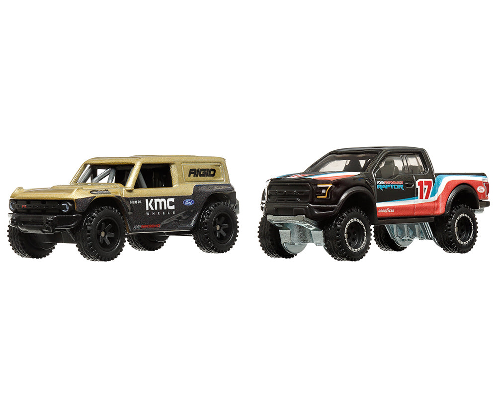 Ford Bronco R Gold Metallic and Black and 2017 Ford F-150 Raptor Pickup Truck #17 Black with Stripes "Car Culture" Set of 2 Cars Diecast Model Cars by Hot Wheels - image 2