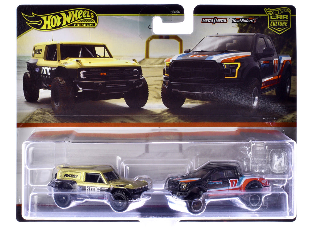 Ford Bronco R Gold Metallic and Black and 2017 Ford F-150 Raptor Pickup Truck #17 Black with Stripes "Car Culture" Set of 2 Cars Diecast Model Cars by Hot Wheels - image 3