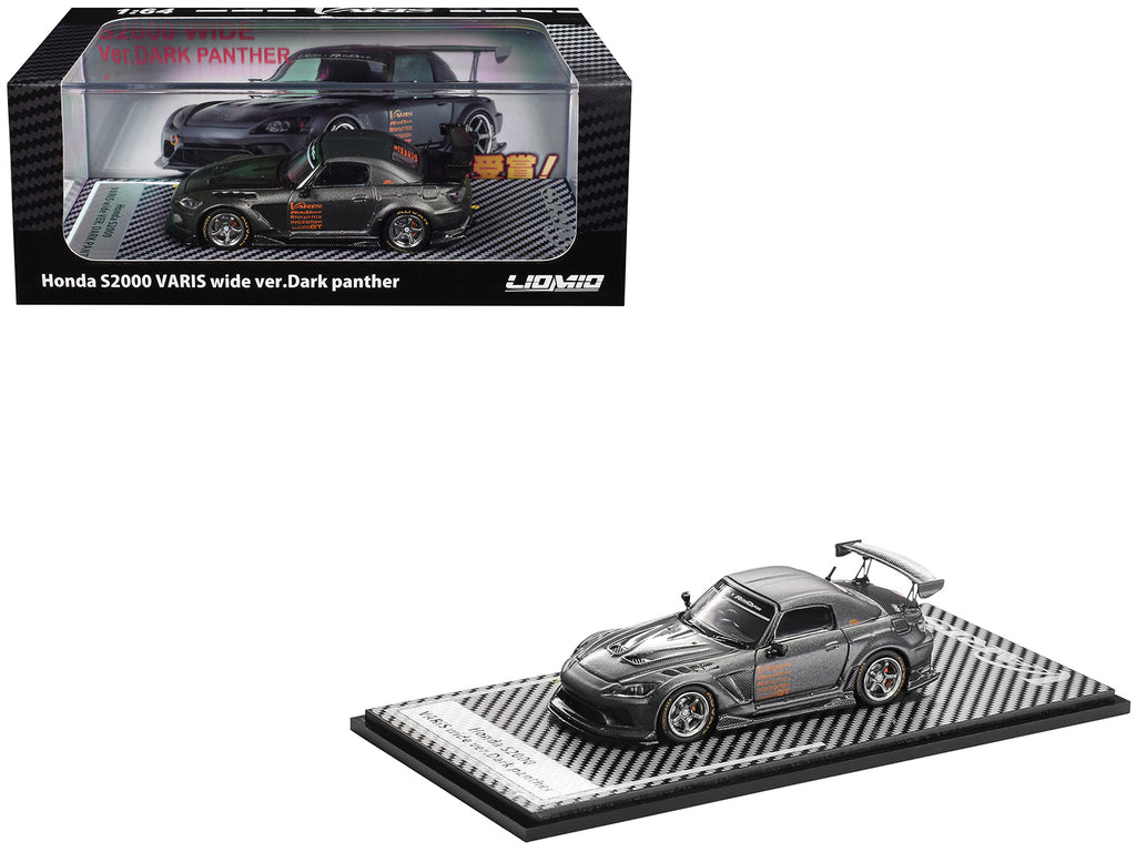 Honda S2000 Varis Wide Version "Dark Panther" RHD (Right Hand Drive) Dark Gray Metallic with Carbon Hood 1/64 Diecast Model Car by Liomio
