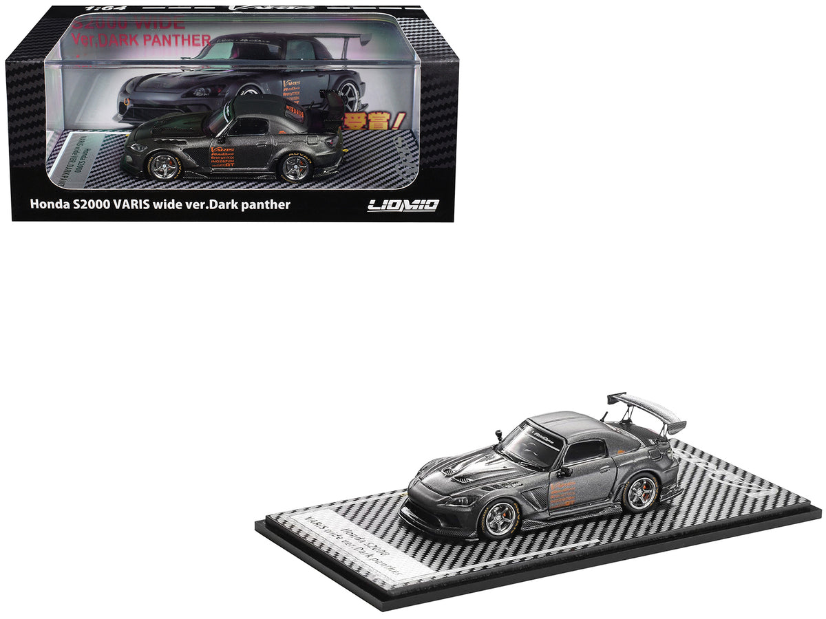 Honda S2000 Varis Wide Version "Dark Panther" RHD (Right Hand Drive) Dark Gray Metallic with Carbon Hood 1/64 Diecast Model Car by Liomio
