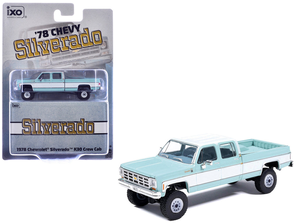 1978 Chevrolet Silverado K30 Crew Cab Pickup Truck Light Blue and White with Blue Interior 1/64 Diecast Model by IXO Models