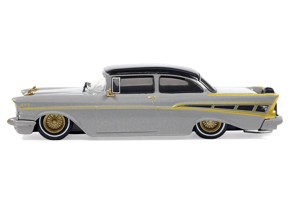 1957 Chevrolet Bel Air Lowrider Gray with Black Top and Gold Accents 1/64 Diecast Model Car by IXO Models - image 2