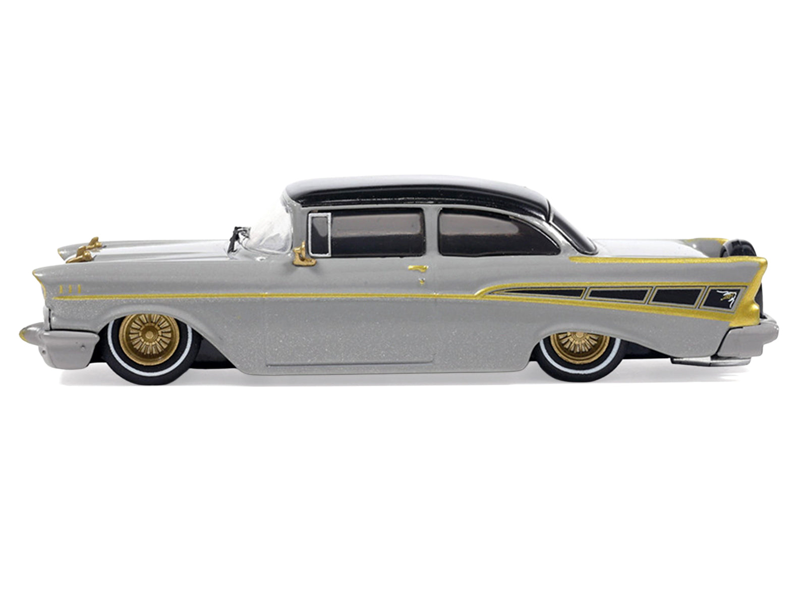 1957 Chevrolet Bel Air Lowrider Gray with Black Top and Gold Accents 1/64 Diecast Model Car by IXO Models - image 2