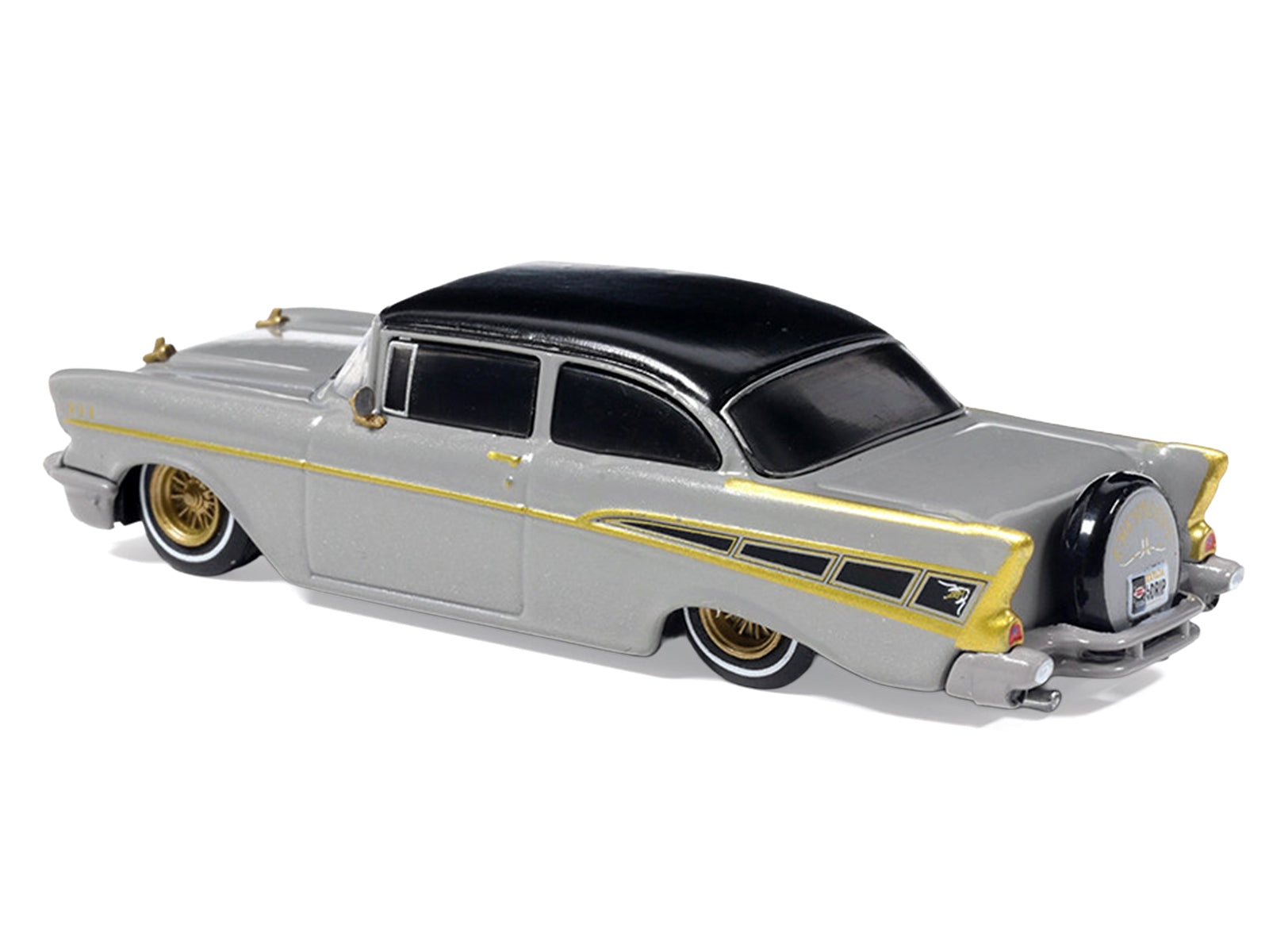1957 Chevrolet Bel Air Lowrider Gray with Black Top and Gold Accents 1/64 Diecast Model Car by IXO Models - image 3