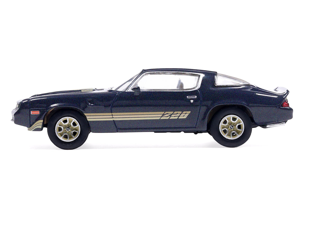 1981 Chevrolet Camaro Z28 Dark Blue Metallic with Gold Stripes and Interior 1/64 Diecast Model Car by IXO Models - image 2