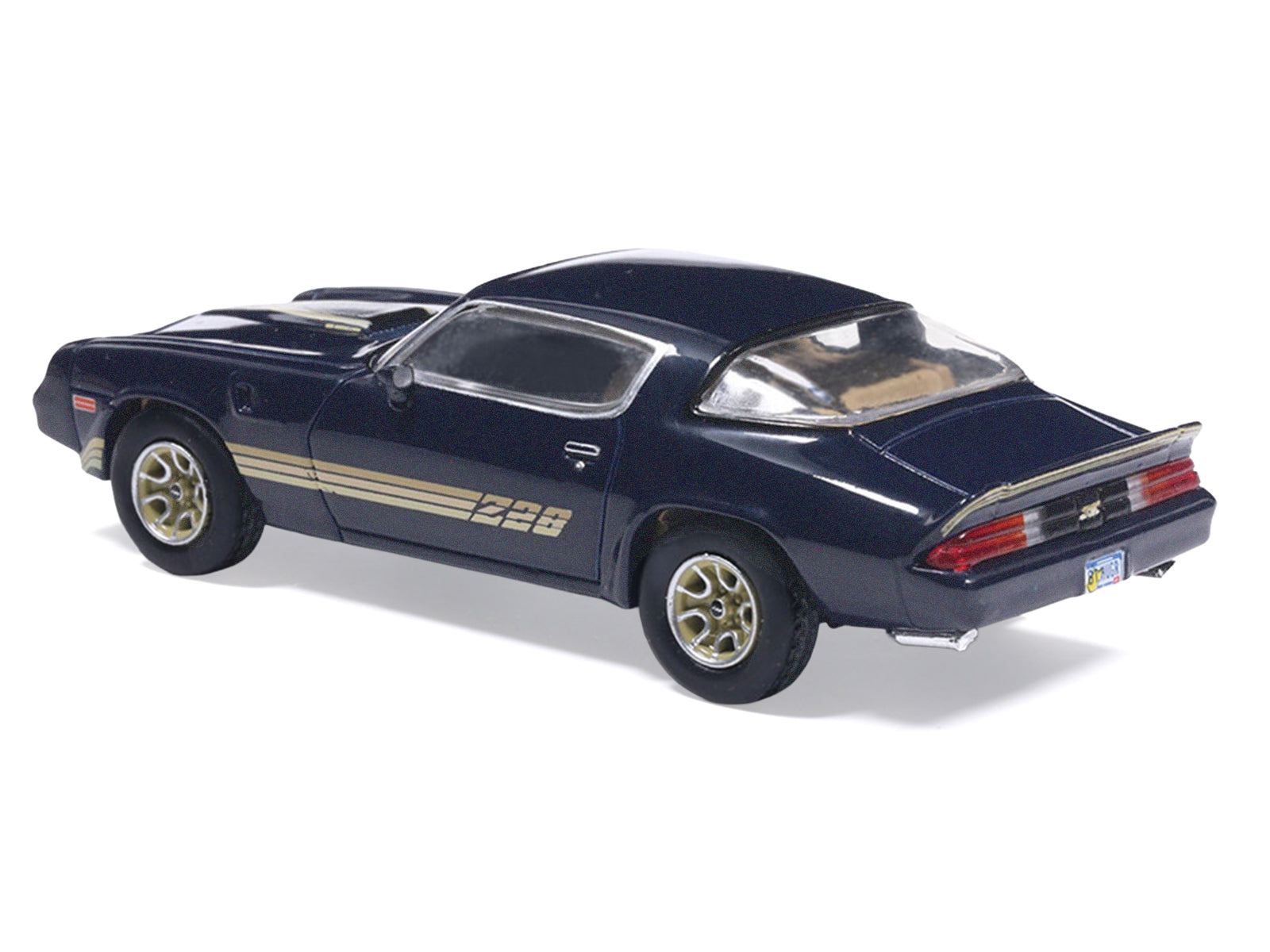 1981 Chevrolet Camaro Z28 Dark Blue Metallic with Gold Stripes and Interior 1/64 Diecast Model Car by IXO Models - image 3