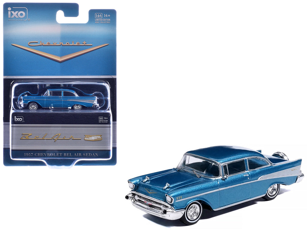 1957 Chevrolet Bel Air Sedan Harbor Blue Metallic with Blue Interior 1/64 Diecast Model Car by IXO Models