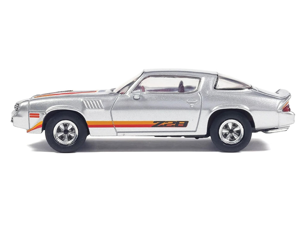 1979 Chevrolet Camaro Z28 Silver Metallic with Stripes and Red Interior 1/64 Diecast Model Car by IXO Models