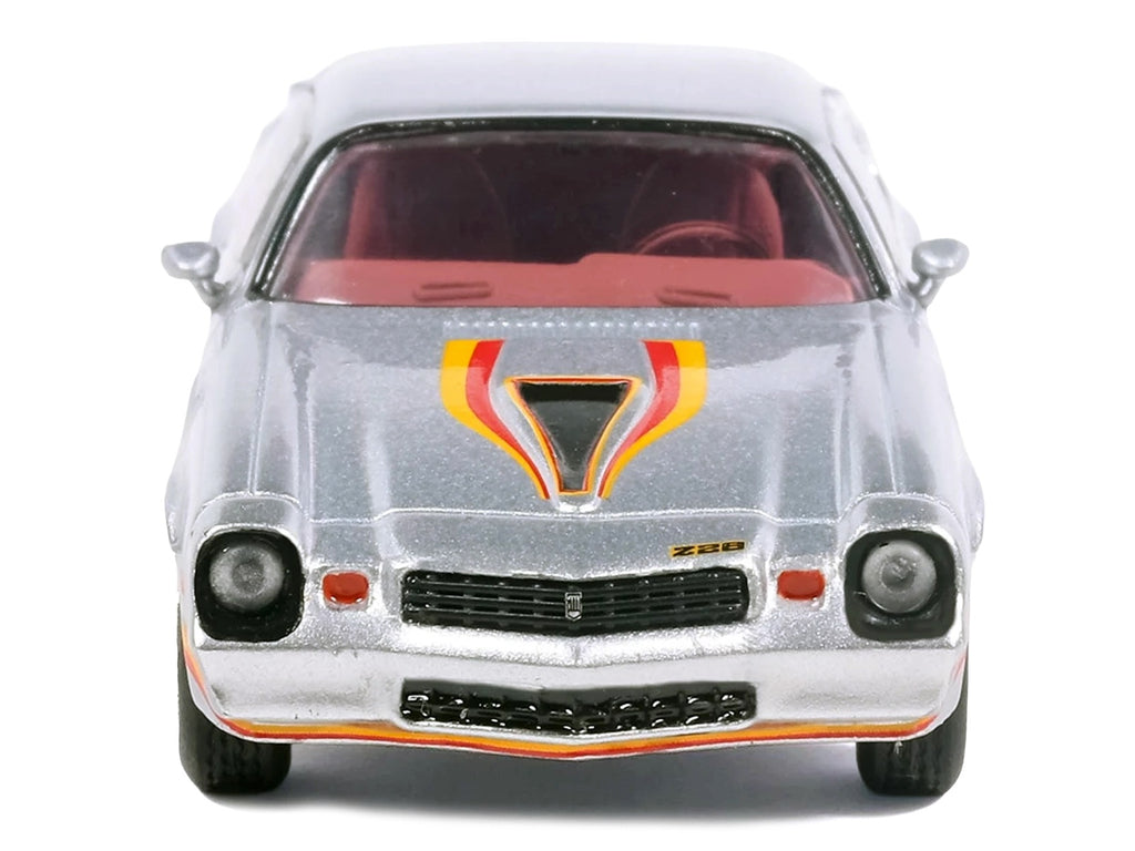 1979 Chevrolet Camaro Z28 Silver Metallic with Stripes and Red Interior 1/64 Diecast Model Car by IXO Models