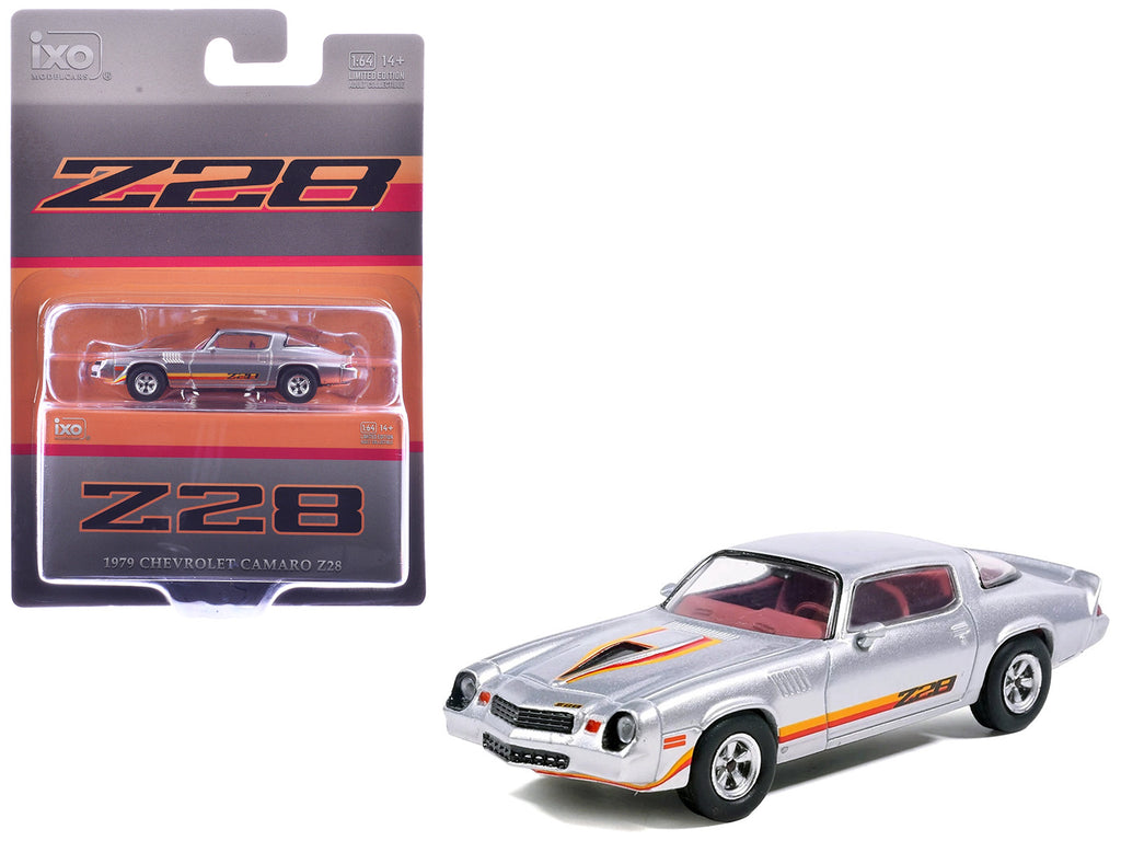 1979 Chevrolet Camaro Z28 Silver Metallic with Stripes and Red Interior 1/64 Diecast Model Car by IXO Models