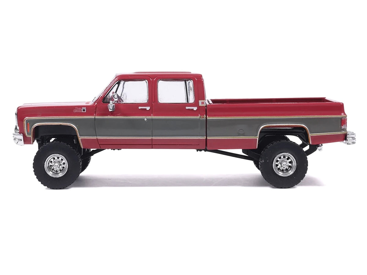 1977 GMC Sierra Grande K2500 Wideside Crew Cab Pickup Truck Dark Red Metallic with Gray Side Stripes 1/64 Diecast Model Car b