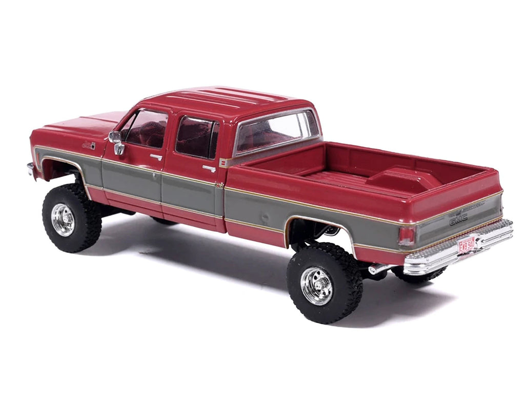1977 GMC Sierra Grande K2500 Wideside Crew Cab Pickup Truck Dark Red Metallic with Gray Side Stripes 1/64 Diecast Model Car b