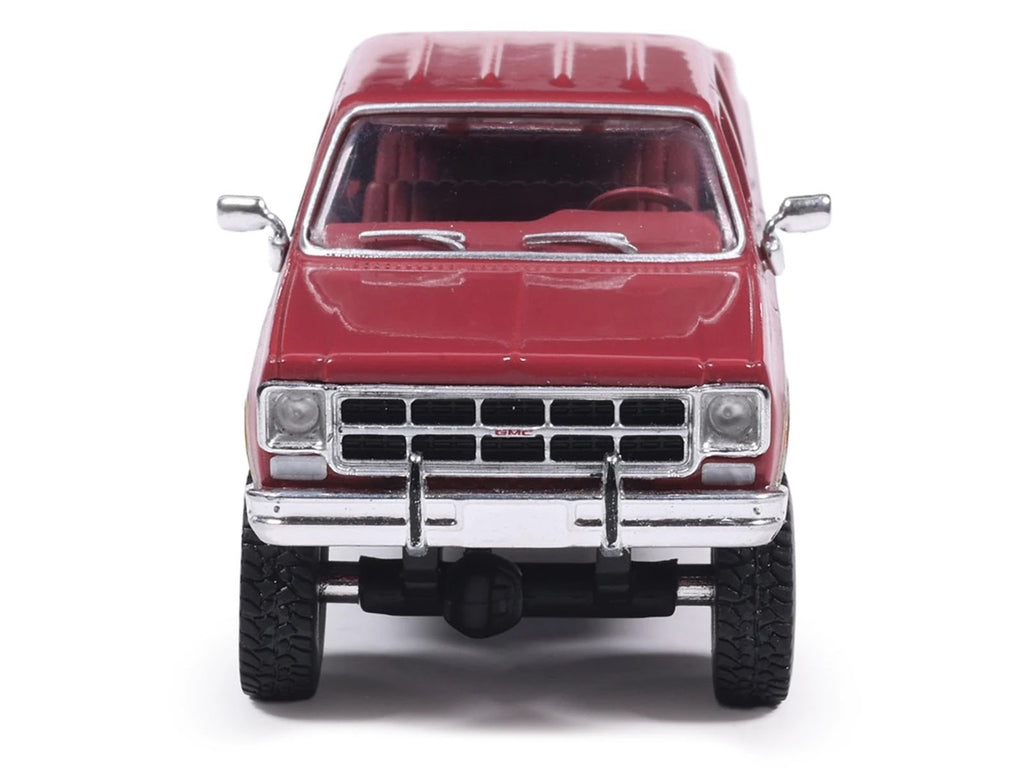 1977 GMC Sierra Grande K2500 Wideside Crew Cab Pickup Truck Dark Red Metallic with Gray Side Stripes 1/64 Diecast Model Car b