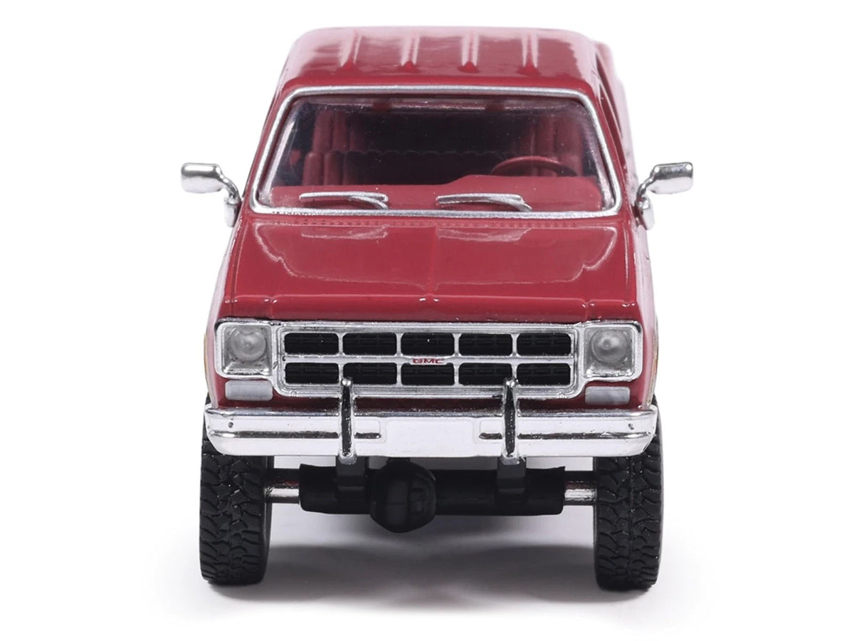 1977 GMC Sierra Grande K2500 Wideside Crew Cab Pickup Truck Dark Red Metallic with Gray Side Stripes 1/64 Diecast Model Car b