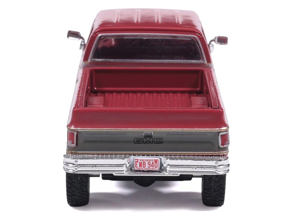 1977 GMC Sierra Grande K2500 Wideside Crew Cab Pickup Truck Dark Red Metallic with Gray Side Stripes 1/64 Diecast Model Car b