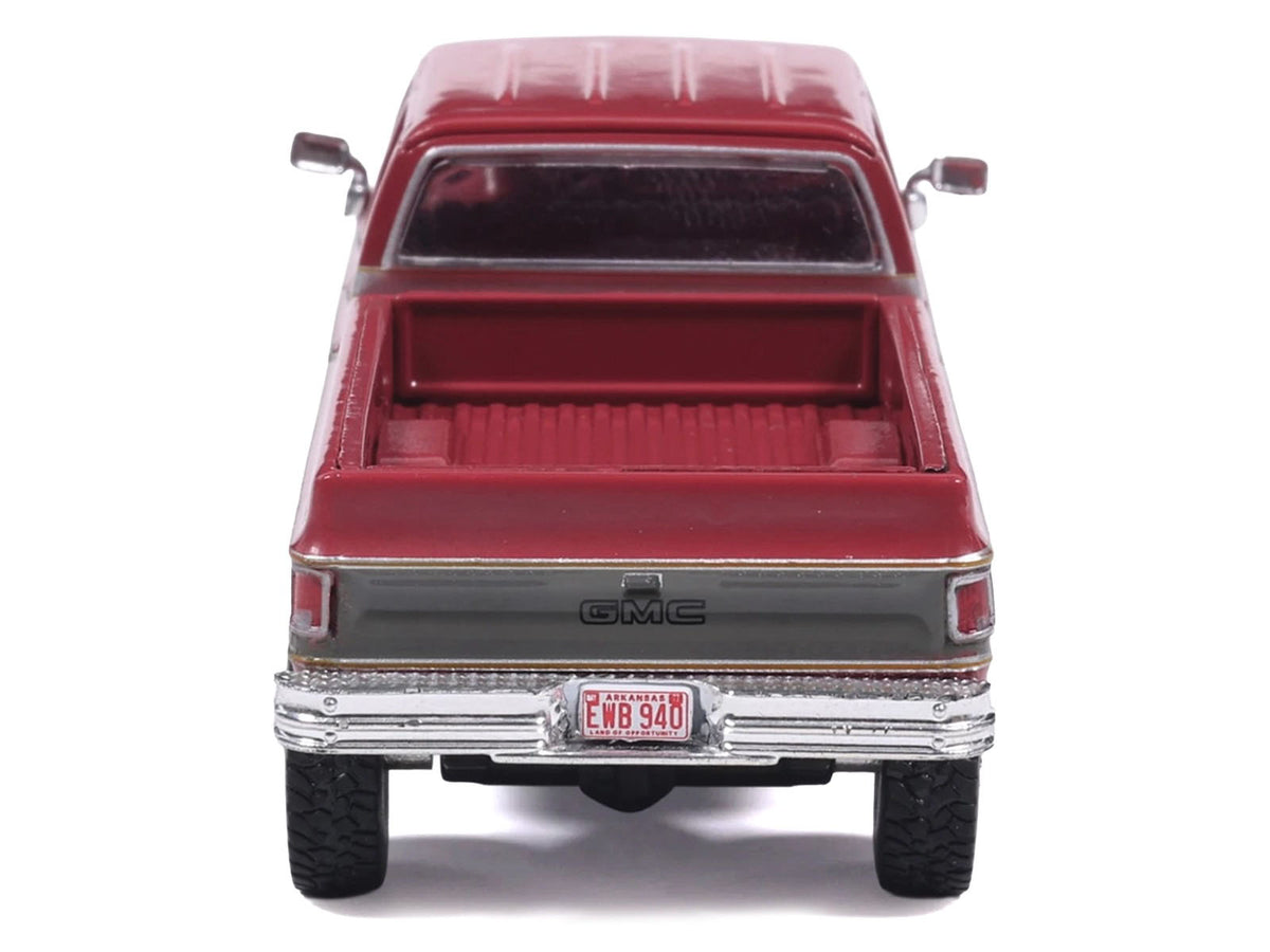 1977 GMC Sierra Grande K2500 Wideside Crew Cab Pickup Truck Dark Red Metallic with Gray Side Stripes 1/64 Diecast Model Car b