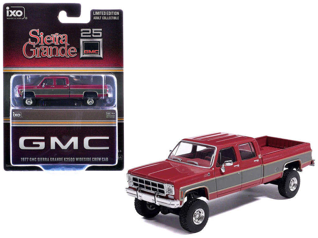 1977 GMC Sierra Grande K2500 Wideside Crew Cab Pickup Truck Dark Red Metallic with Gray Side Stripes 1/64 Diecast Model Car b