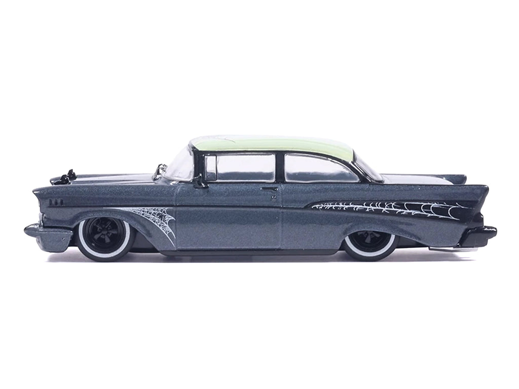 1957 Chevrolet Bel Air Lowrider Gray Metallic with Light Green Top and Halloween Graphics 1/64 Diecast Model Car by IXO Models - image 2