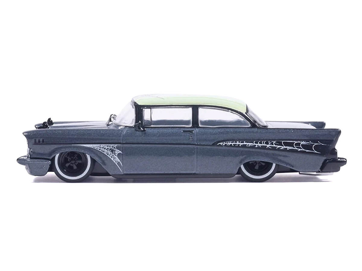1957 Chevrolet Bel Air Lowrider Gray Metallic with Light Green Top and Halloween Graphics 1/64 Diecast Model Car by IXO Models - image 2