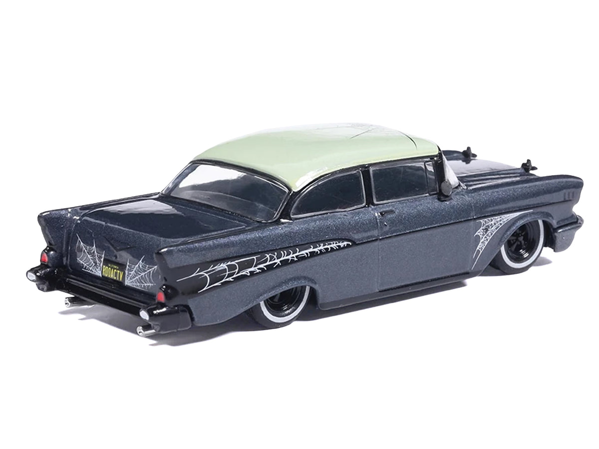 1957 Chevrolet Bel Air Lowrider Gray Metallic with Light Green Top and Halloween Graphics 1/64 Diecast Model Car by IXO Models - image 3