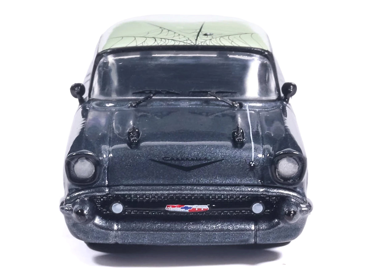 1957 Chevrolet Bel Air Lowrider Gray Metallic with Light Green Top and Halloween Graphics 1/64 Diecast Model Car by IXO Models - image 4