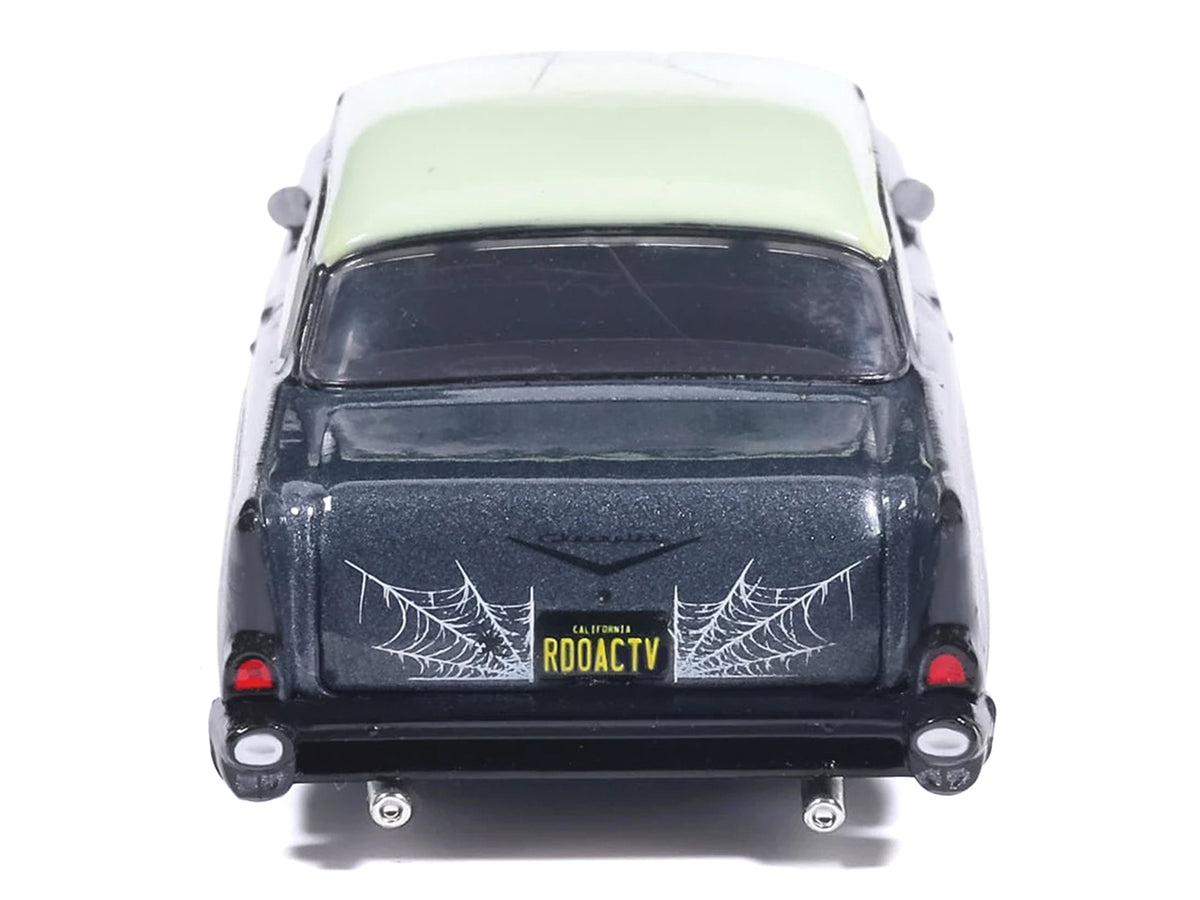 1957 Chevrolet Bel Air Lowrider Gray Metallic with Light Green Top and Halloween Graphics 1/64 Diecast Model Car by IXO Models - image 5