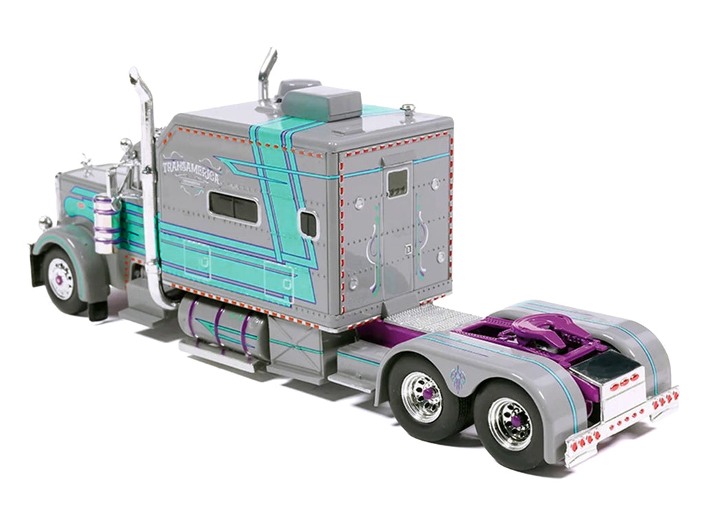 Peterbilt 379 Truck with Sleeper and Dry Goods Trailer TransAmerica Gray with Seafoam Green Graphics J1 Diecast - image 3
