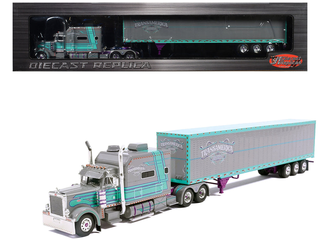 Peterbilt 379 Truck with Sleeper and Dry Goods Trailer TransAmerica Gray with Seafoam Green Graphics J1 Diecast - image 1
