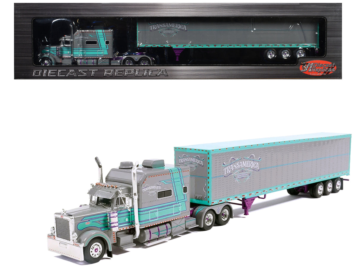 Peterbilt 379 Truck with Sleeper and Dry Goods Trailer TransAmerica Gray with Seafoam Green Graphics J1 Diecast - image 1